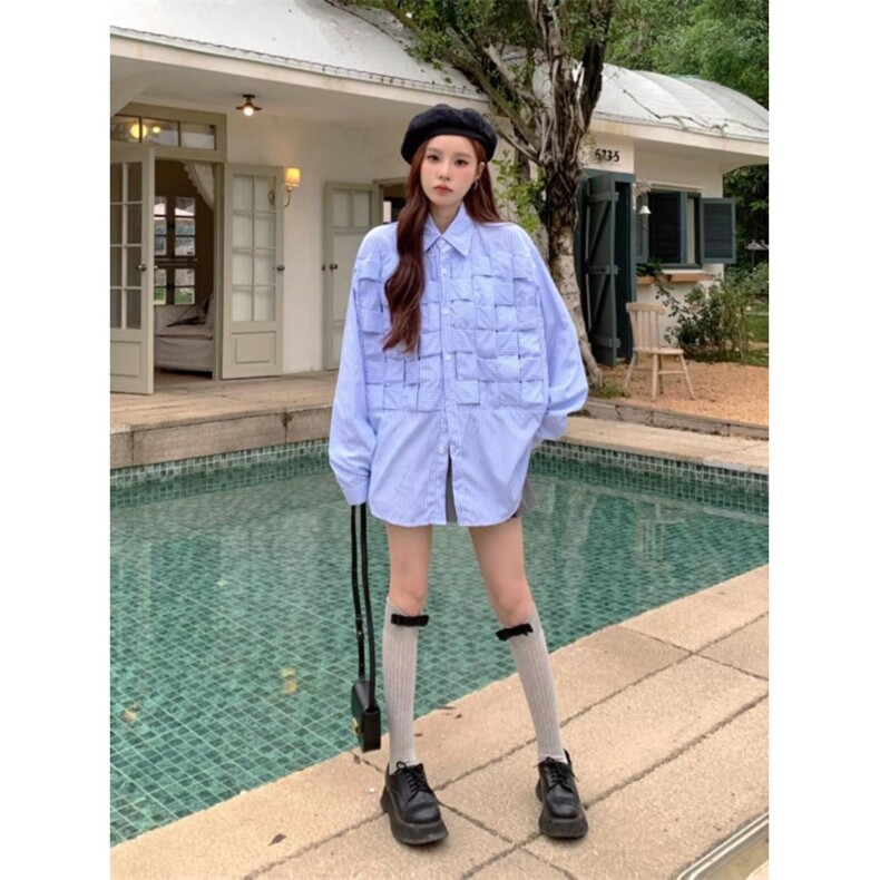 2025设计感小众编织条纹衬衣男女春秋季潮流百搭休闲外套,男装衬衫,四季星座505