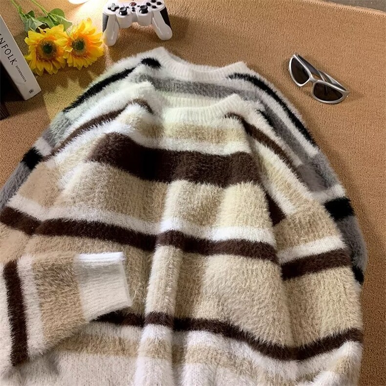 美式街头设计感圆领毛衣男慵懒风休闲针织衫仿貂毛衣D398P63图片