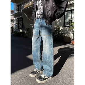 复古蓝色宽松直筒牛仔裤男街头潮流拼接设计感休闲长裤RK2480-P47图片