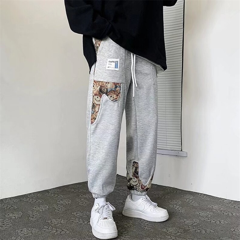 春季小熊拼接卫裤男宽松束脚M-3XL休闲裤新款美式裤子K1994-P31,男装休闲裤,星座512-2