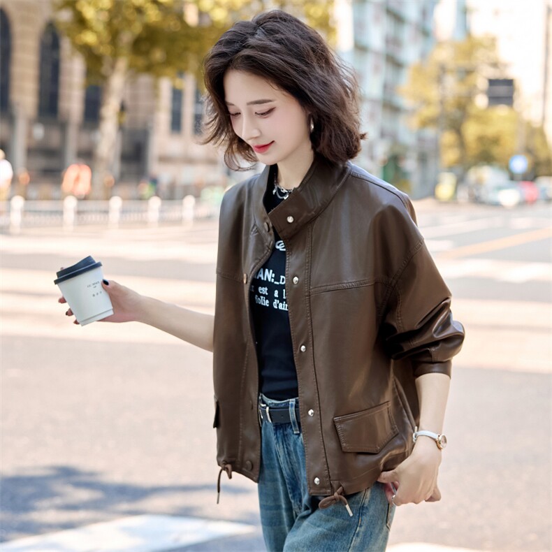 皮衣女短款2025春秋新款时尚休闲百搭真皮皮衣外套立领夹克上衣女,女装皮衣,臻衣坊