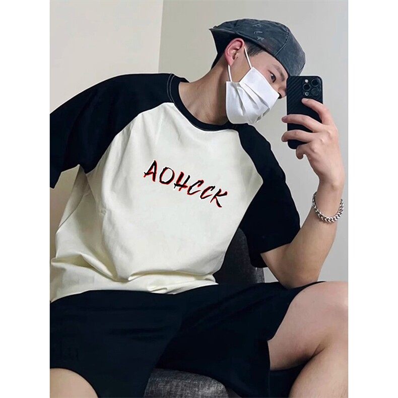 抖音得物高品质二开240克宽松纯棉美式潮牌插肩袖拼接短袖T恤，男装T恤，电商A486-1