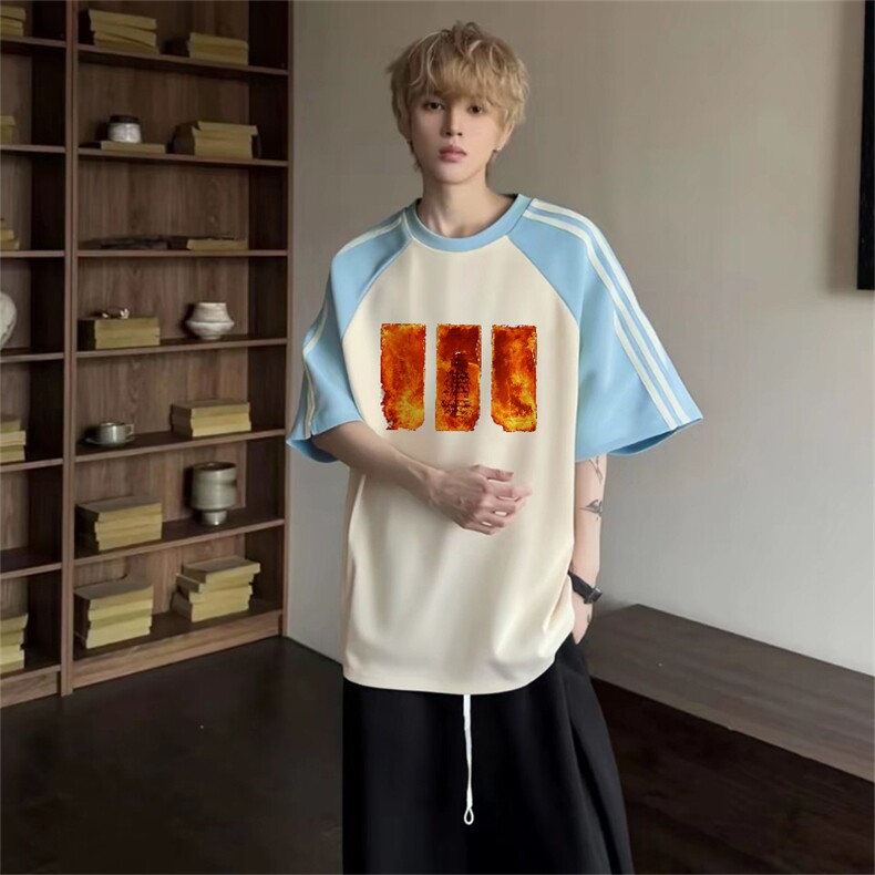 抖音得物品质二开240克宽松纯棉美式潮牌插肩三杠织带短袖T恤,男装T恤,电商A486