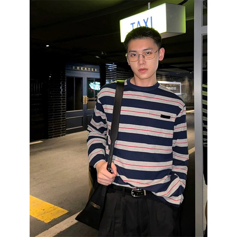 网图有货Miu系穿搭条纹长袖T恤男女字母小标宽松上衣A824-P35,男装T恤,星座1505