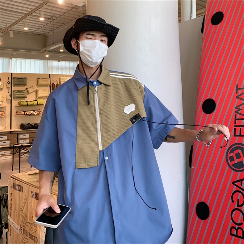 S14-P40夏季宽松型设计感拼接短袖衬衫,男装衬衫,星座1501-1