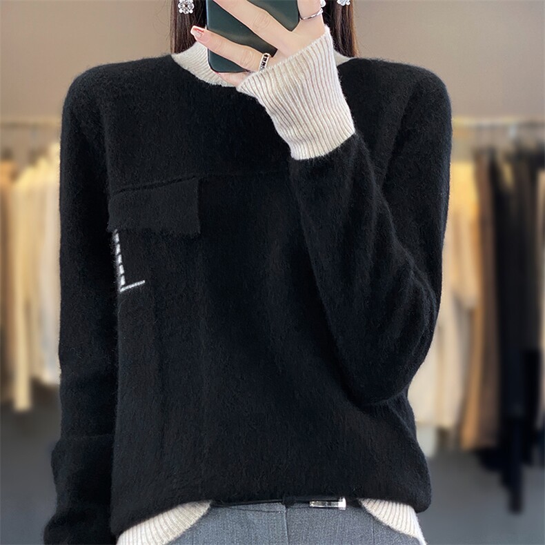 新款秋冬半高领拼接撞色套头羊毛衫宽松大码短款长袖打底针织衫，女装羊毛衫，蒙特羊绒