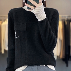 新款秋冬半高领拼接撞色套头羊毛衫宽松大码短款长袖打底针织衫，女装羊毛衫，蒙特羊绒