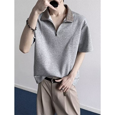 夏季新短袖拉链复古撞色格纹翻领POLO衫男宽松上衣513DT3506P32，男装T恤，星座513