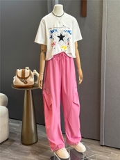 高级感时尚潮流套装女夏新款宽松圆领星星印花上衣工装长裤两件套，女装套装/套裙，江南