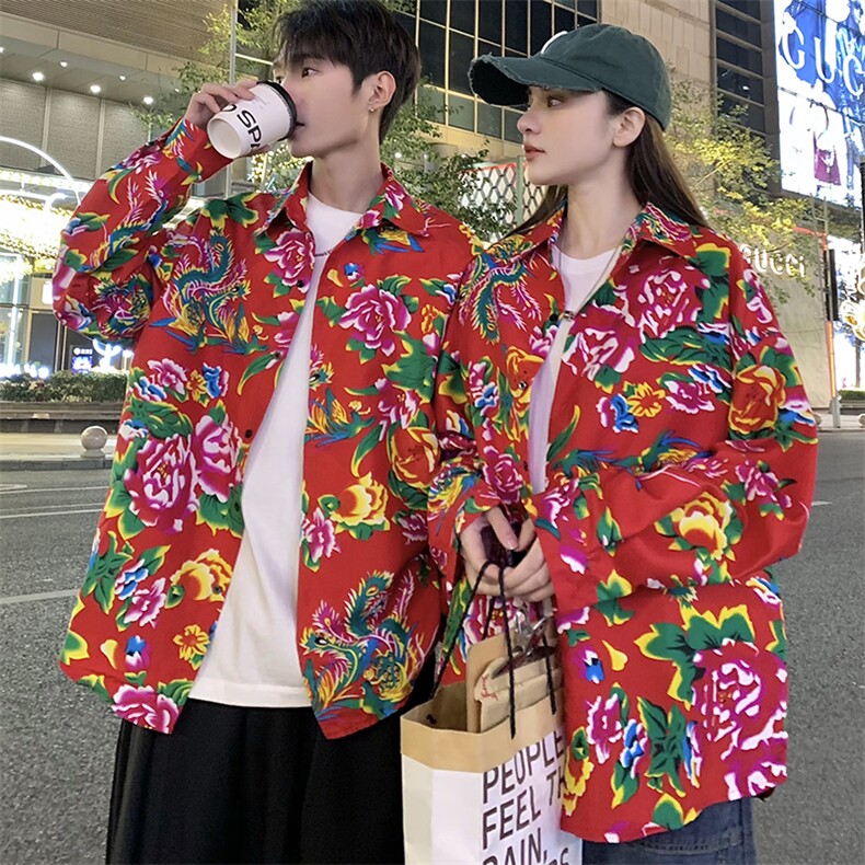 C203情侣大花长袖衬衫男女休闲衬衣新中式汉服团队服表演出宽松潮图片