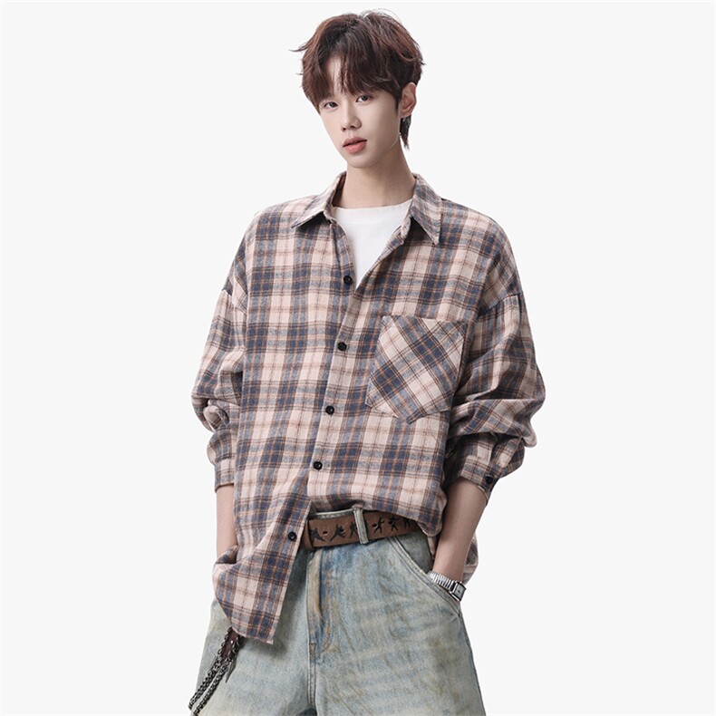 衬衫男春季新款港风宽松大码磨毛格子长袖衬衣CS550-P38，男装衬衫，星座214-3