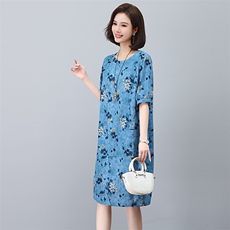 高端棉麻连衣裙女2025夏季新款宽松休闲中年妈妈薄款亚麻碎花裙子，女装连衣裙，独衣靓