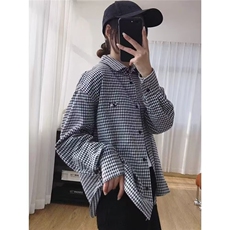 TY1008-P35春秋文艺复古小格子双层棉纱长袖衬衫女宽松百搭，男装衬衫，电商B323A