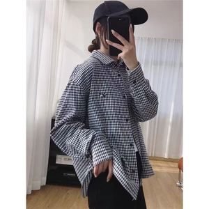 TY1008-P35 春秋文艺复古小格子双层棉纱长袖衬衫女宽松百搭图片