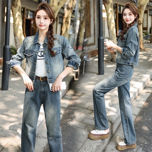 牛仔套装女2025新款春季时尚洋气减龄小个子短款外套裤子两件套潮，女装套装/套裙，意芙