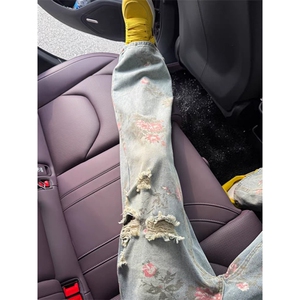 现货 美式高街花卉破洞牛仔裤男夏季潮牌水洗直筒微喇裤A0988-P50图片