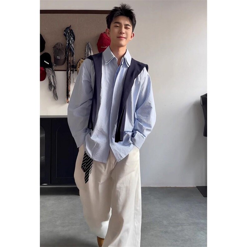 抖音得物品质二开春装美式潮牌披肩条纹长袖衬衫男女休闲宽松衬衣,男装衬衫,电商A443