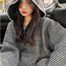 欧洲站时尚条纹针织衫女2025春装新款连帽设计长袖宽松中长款毛衣，男装针织衫/毛衣，星座1210-1