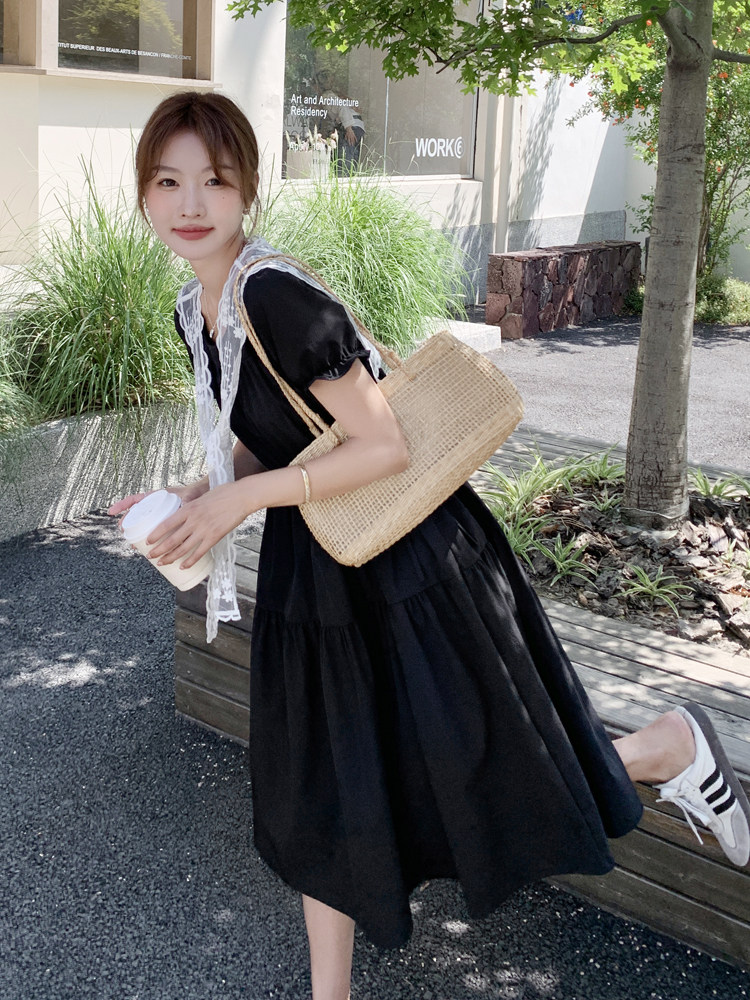 气质蕾丝披肩系带连衣裙女夏季2025通勤风淡人圆领腰部抽绳A字裙，女装连衣裙，浙宝128A