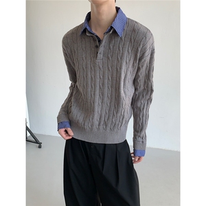 美式假两件拼接麻花针织毛衣男宽松老钱风毛衣1001-1-MY42-P63图片