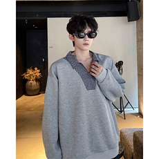 WY10153-特P48控88小众撞色面料拼接格子假两件大码男宽松卫衣，男装卫衣，电商A059
