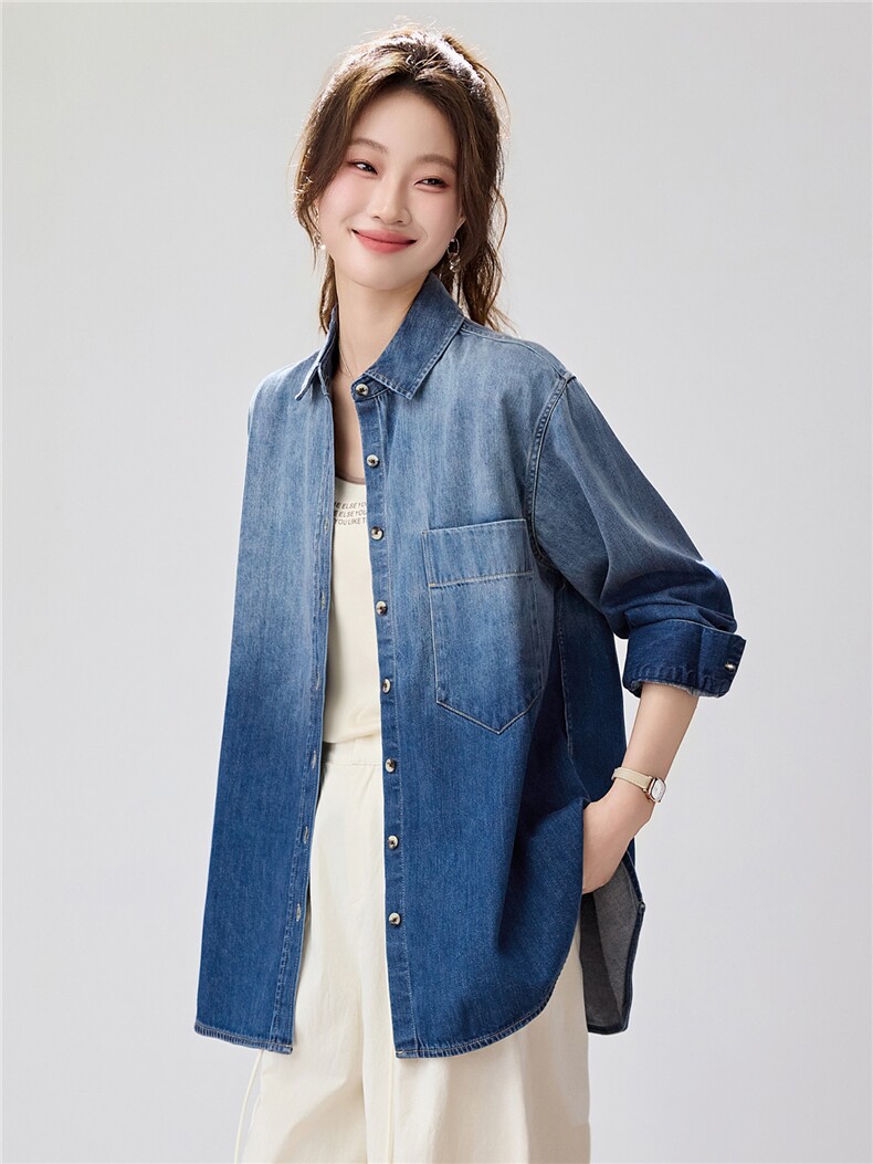 2026年春季新款时尚渐变色单口袋牛仔衬衫女宽松长袖翻领外套衬衣,女装衬衫,艾米