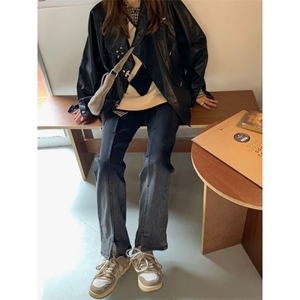 开叉牛仔裤女2025秋季新款宽松直筒显瘦渐变色阔腿裤子高街ins潮图片