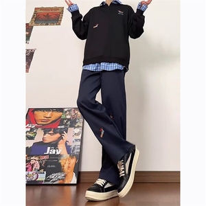 重磅格子拼接刺绣裤子男春秋季腊肠狗设计感宽松微喇直筒阔腿裤子图片