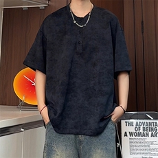 亨利领扎染短袖男款夏季美式高街潮牌高级感t恤复古宽松五分半袖，男装T恤，电商A141