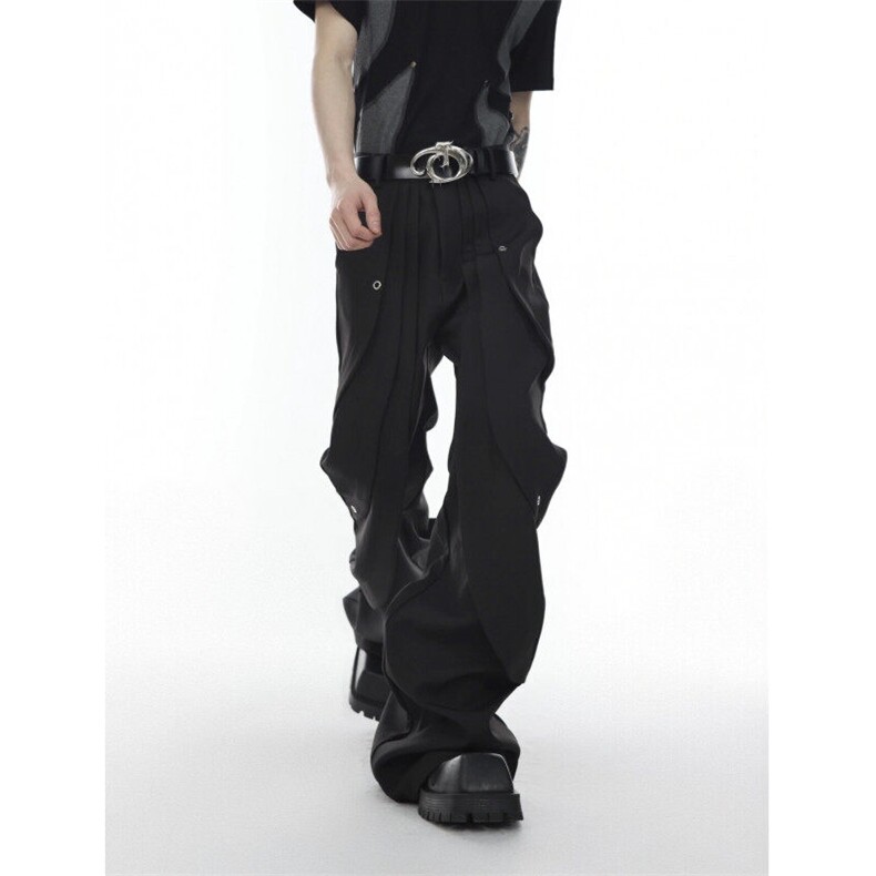 夏季黑色微喇工装西裤男美式高街cleanfit直筒高个子加长喇叭裤子，男装西裤，星座813-2