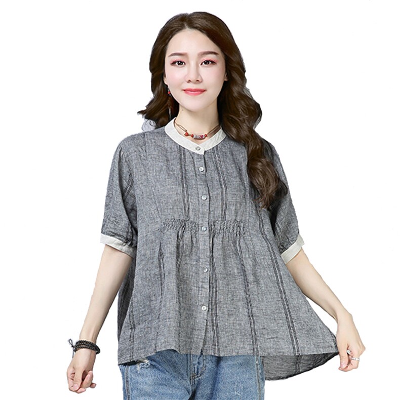 2021年夏季圆领条纹短袖款的排扣气质显廋百搭衬衫,女装衬衫,叶笙衣