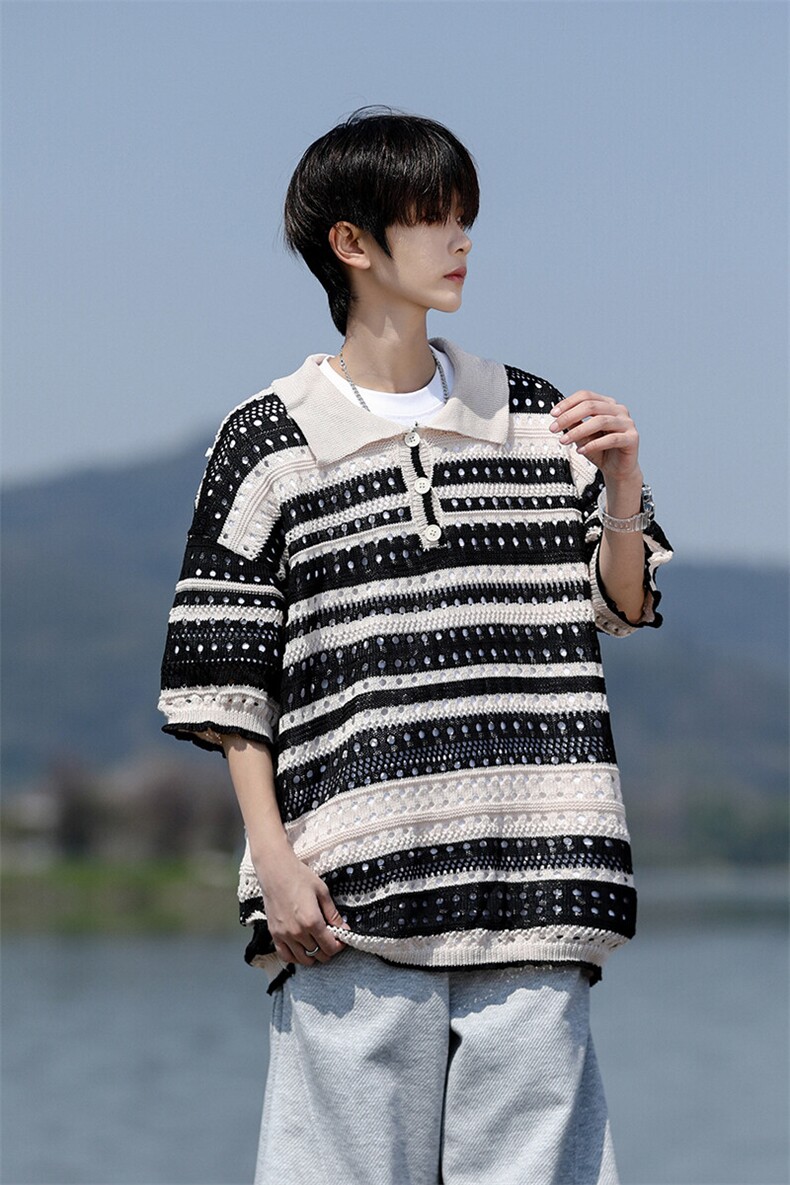8XL-M特大码美式复古条纹撞色针织POLO衫翻领休闲短袖TDX311P35,男装T恤,电商D206-1