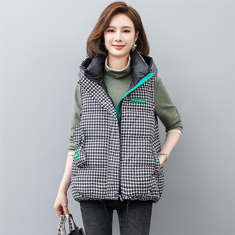 格子连帽羽绒马甲女2022秋冬新款宽松减龄撞色拼接百搭保暖，女装大码女装，奕阳依阁