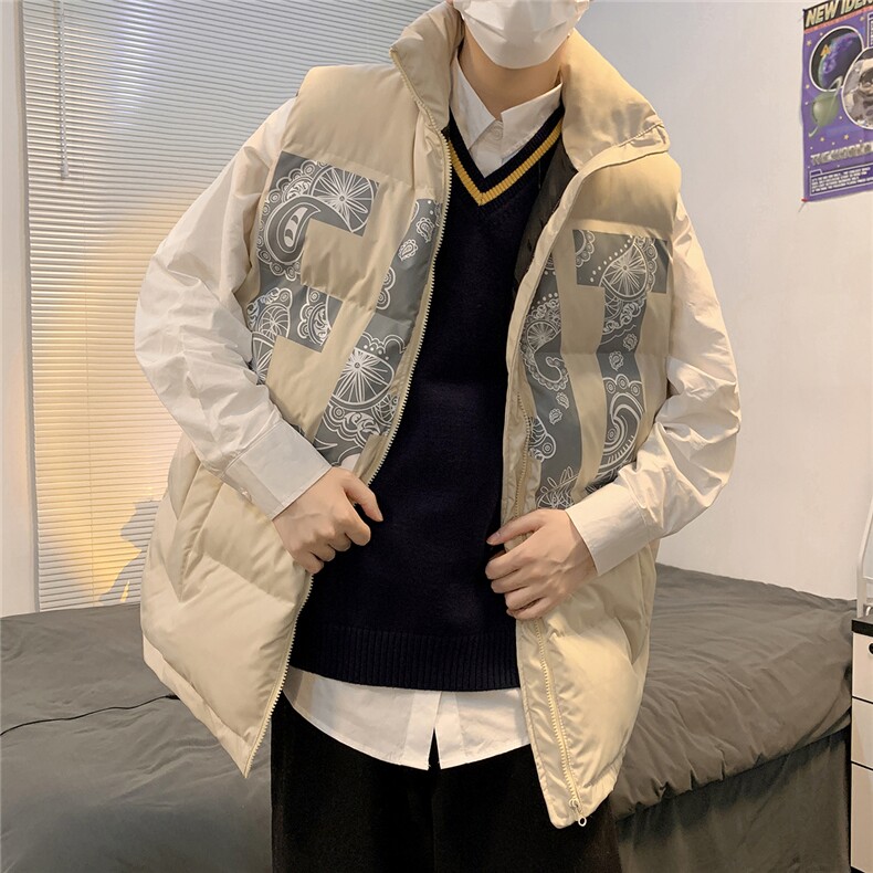 2026秋冬宽松立领印花羽绒棉马甲背心手塞棉MJ17500/P75卡其色,男装背心/马甲,电商A094