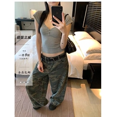 美式复古迷彩阔腿牛仔裤女夏季新款街头辣妹宽松廓形拖地弯刀长裤，女装休闲裤，星座218-8