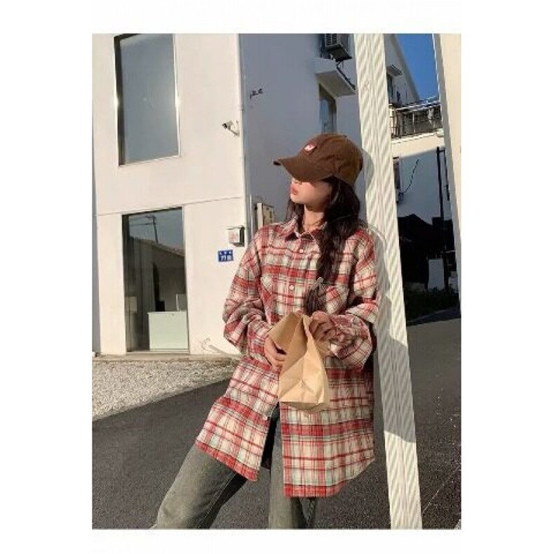美式复古蓝色格子衬衫女宽松慵懒风春秋小众潮牌休闲百搭外套潮,男装衬衫,星座410-7