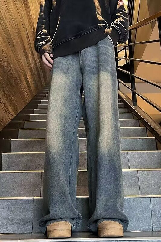 wassuphappy美式牛仔裤男款秋冬季潮牌高街垂坠感休闲阔腿长裤子,男装牛仔裤,星座1008