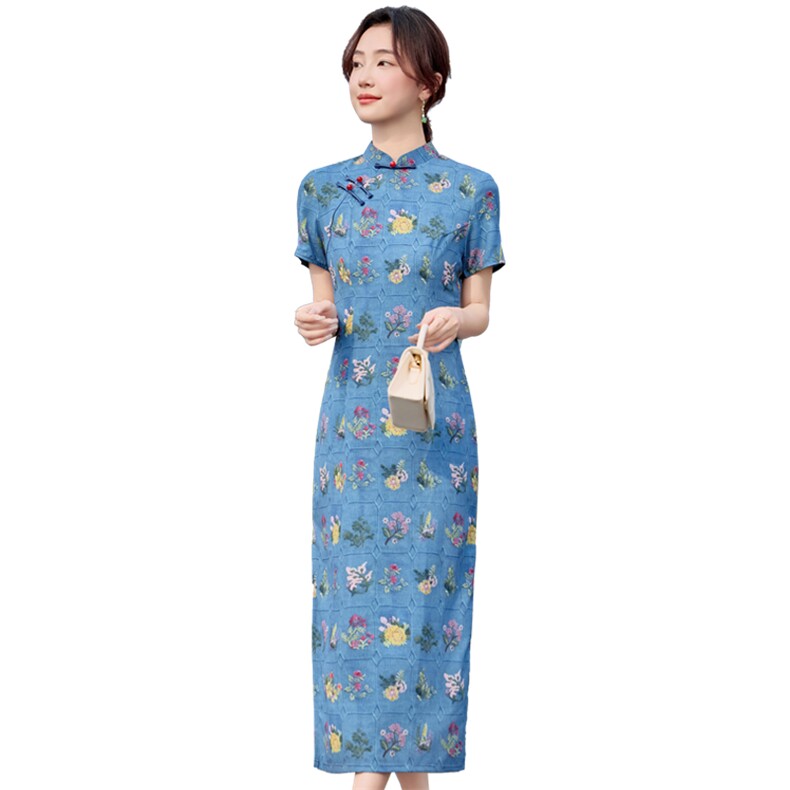 现货2025夏季新款复古中式显瘦修身蓝色黄花长裙日常旗袍连衣裙女,女装连衣裙,利佳可人