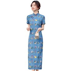 现货2025夏季新款复古中式显瘦修身蓝色黄花长裙日常旗袍连衣裙女，女装连衣裙，利佳可人