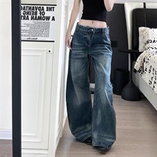 复古竹节纹水洗做旧蓝色弯刀牛仔裤男女设计美式感阔腿裤子NNZ79，男装牛仔裤，星座208-5