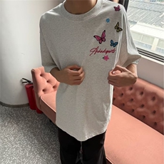 美式高街正肩环绕蝴蝶刺绣短袖T恤男女夏季2025新款情侣宽松上衣，男装T恤，星座506A