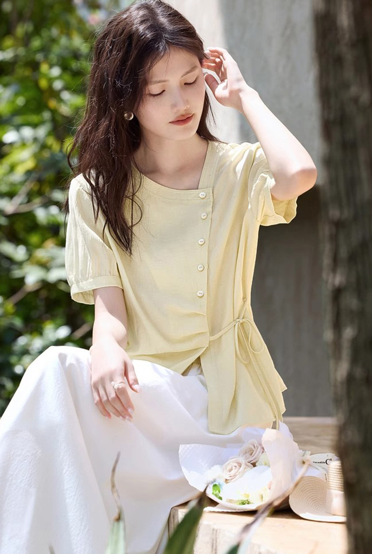 肌理感衬衫女2025夏季薄款系带设计感遮肉显瘦小衫,女装衬衫,梦白服饰厂