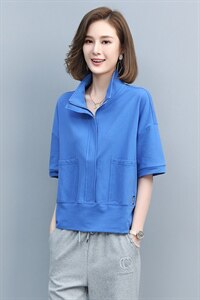 2023夏季新款简约休闲时尚立领宽松透气落肩袖舒适上衣图片