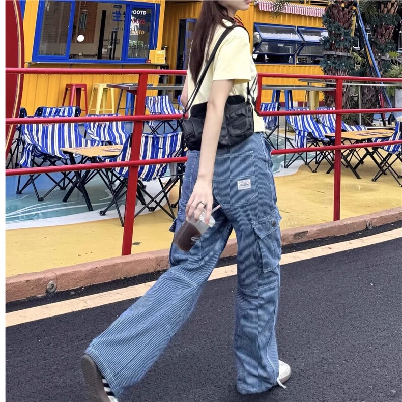 D7671-特P58美式条纹工装牛仔裤街头多口袋宽松阔腿裤-网图现货,男装牛仔裤,星座603-2