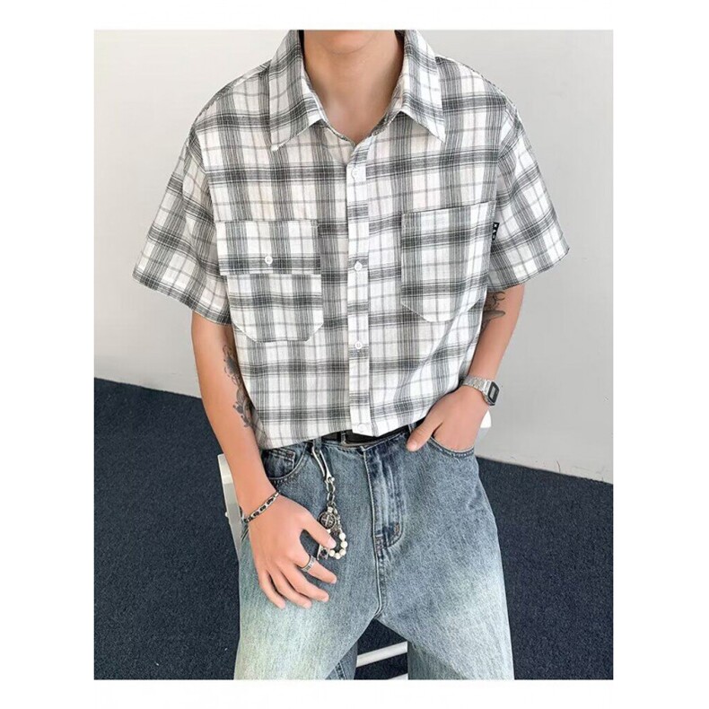 复古衬衫男夏装港风学生宽松小众设计感趣味新款男装上衣外穿,男装衬衫,四季星座505