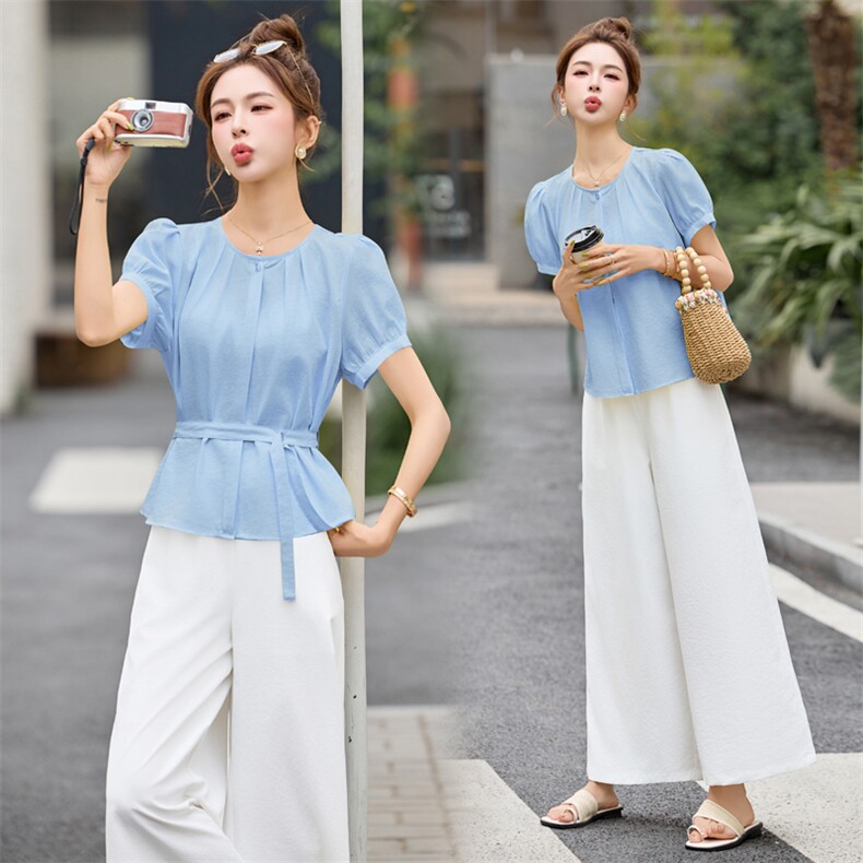 休闲套装女2025新款巨好看的韩系夏日气质穿搭显瘦阔腿裤两件套，女装套装/套裙，意芙