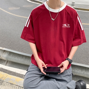 夏季美式高街重磅纯棉三条杠织带撞色男女短袖T恤ZD620-特P30图片