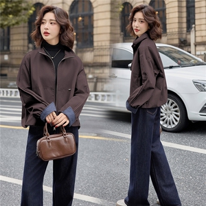时尚格纹拼接立领短外套女2025秋季新款宽松休闲百搭显瘦夹克上衣