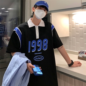 港风  纯棉夏季休闲polo衫拼色印花短袖T恤男女 PL6151 P45控58图片