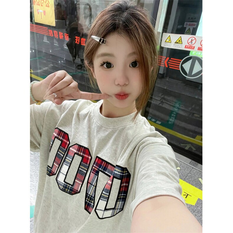 T0621-P25 花灰色高级感 格子条纹印花纯棉短袖图片